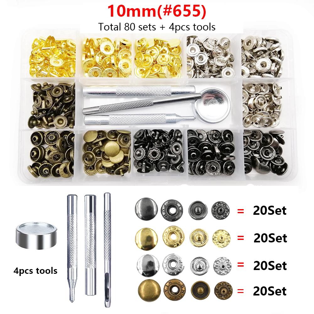 60/100 sets 10mm 12.5mm 15mm Metal Snap Fastener Button Press Popper With Tool Leather Bag Clothes Jacket Repair Assortment Kit