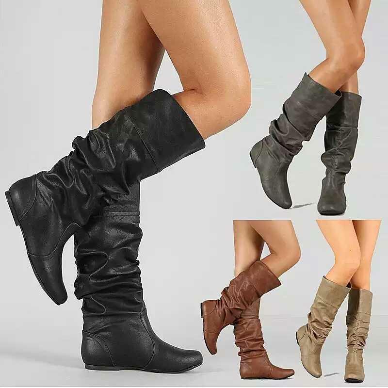Plus Size 2020 Women's Long Leather Boots - Solid Color, Pleated, High-top, European Style