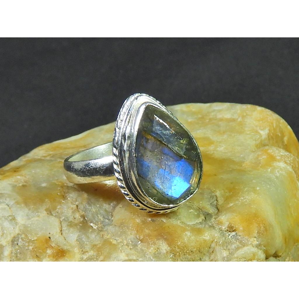 Natural Labradorite 925 Sterling Silver Pear Handmade Vintage Ring US-7.5 MK-78