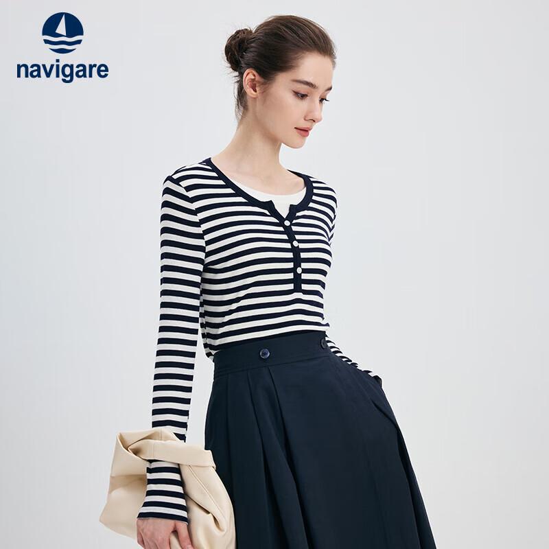 Navigare Women s Slim-Fit Striped Faux Two-Piece Long Sleeve T-Shirt M