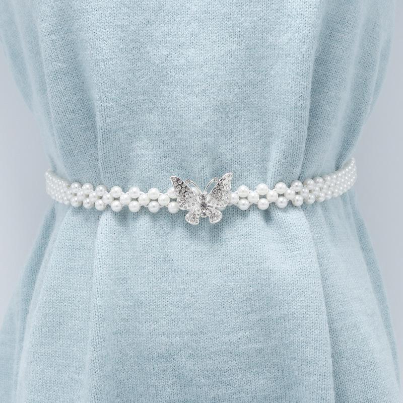 Women's Large Pearl Rhinestone Waist Chain Elastic Belt