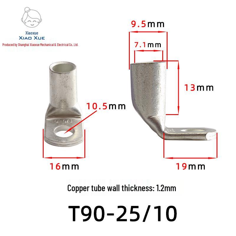 T90 Copper Tube Terminal, 90-Degree Right-Angle Bend Crimp Lug, T90-6/5 to T90-240/16 Copper Wire Lug