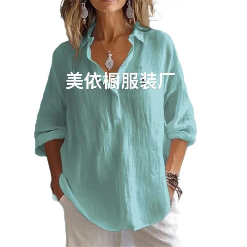 Women's Spring Summer Solid Color Loose Long Sleeve Linen V-Neck Casual Shirt Blouse