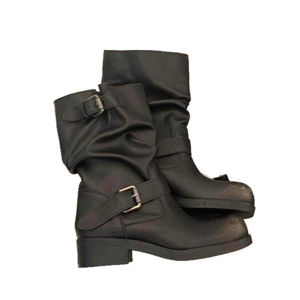 2025 Autumn and Winter Round Head Martin Boots Women's Spice Girls Medium Tube Belt Buckle Retro Maillard Cowboy Boots Short Boots Women