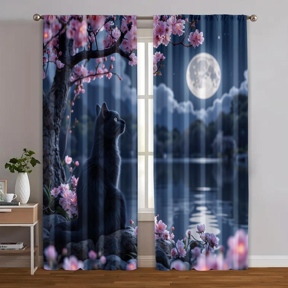 2pcs   Curtains Cherry Blossom Black Cat Machine Washable Polyester (without rod) Thermal Insulation   and Room Darkening