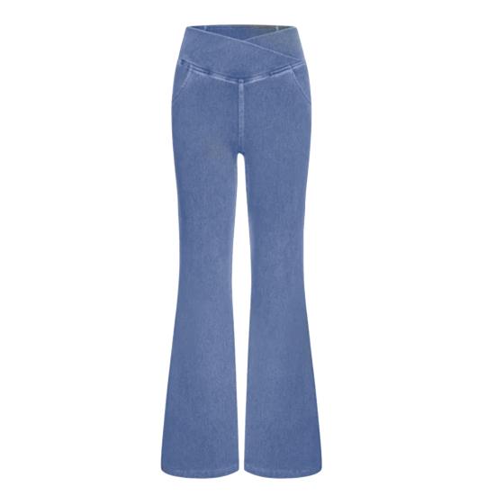 Women High Waist Denim Pants Slightly Slim Fit Flared Jeans Pockets Cross Waistband Denim Trousers Streetwear