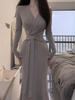 2025 Women's V-neck Tie-up Long Sleeve Knit Dress - Autumn Slimming Midi Skirt