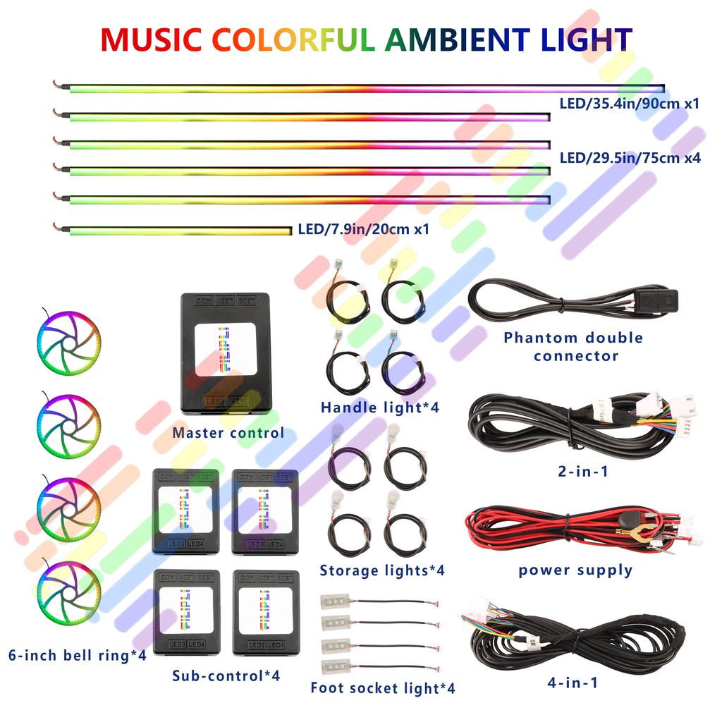 18 in 1 Car Ambient Light 64 Color Acrylic Strips 110cm 90cm 75cm 35cm 20cm Full Colors RGB Car Interior Bluetooth App Control