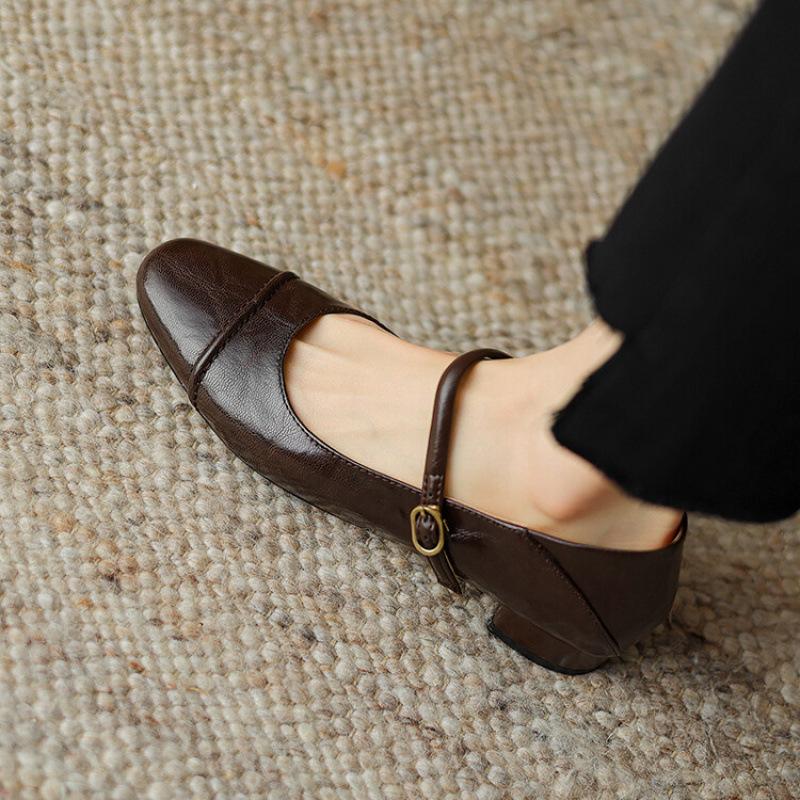 New Medium-heeled Sheepskin Women's Shoes Low-top Soft Leather Round-head Single Shoes Women's Shallow Mouth Non-slip Beef Tendon Soft-soled S