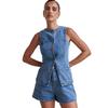Sleeveless Denim Two-Piece Set for Women: Button Design High-Waisted Shorts, Trendy & Casual European-American Style 2026.