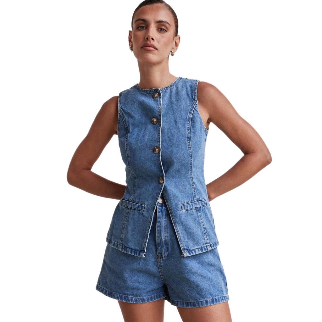 Sleeveless Denim Two-Piece Set for Women: Button Design High-Waisted Shorts, Trendy & Casual European-American Style 2026.