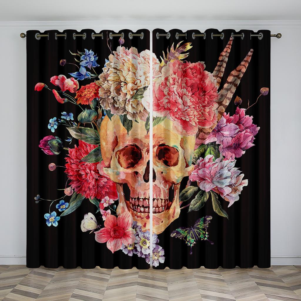 Personality 3D Print Black Mystery Skull Rose Curtains 2 Panel Living Room Bedroom Balcony Study Decorative Curtains