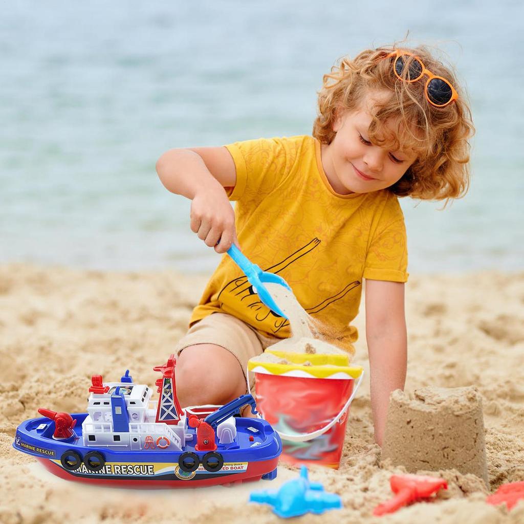 Kids Electric Marine Rescue Boat Toy Fire Fighting Bath Toy with Light Music and Water Spray, Floating Ship for Pool & Tub