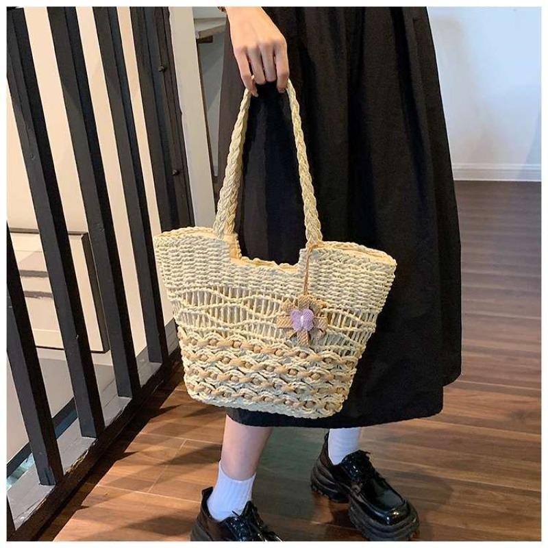 Hollow Zipper Straw Bag Women's Seaside Vacation Lazy Wind Handwoven Bag Large Capacity Shoulder Beach Tote Bag