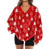 Women's Fashionable V-neck Christmas Printed Long Sleeved Casual Pullover Plush Warm Pocket Sweatshirt Top