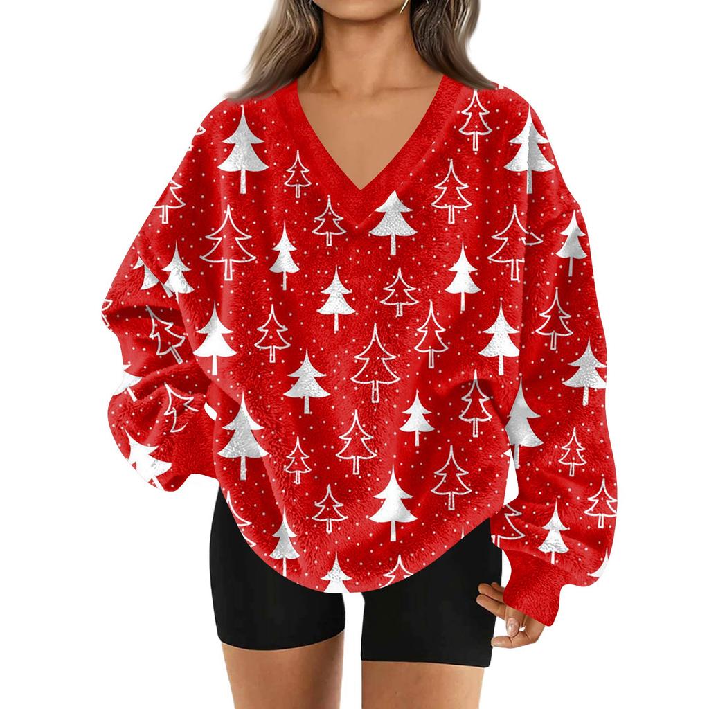 Women's Fashionable V-neck Christmas Printed Long Sleeved Casual Pullover Plush Warm Pocket Sweatshirt Top
