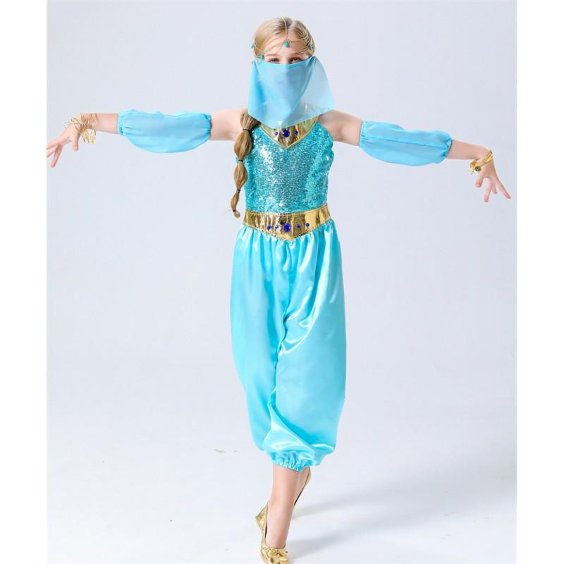 Kids Jasmine Princess Costume Halloween Party Indian Style Fantasy Dress Cosplay Outfit Girls