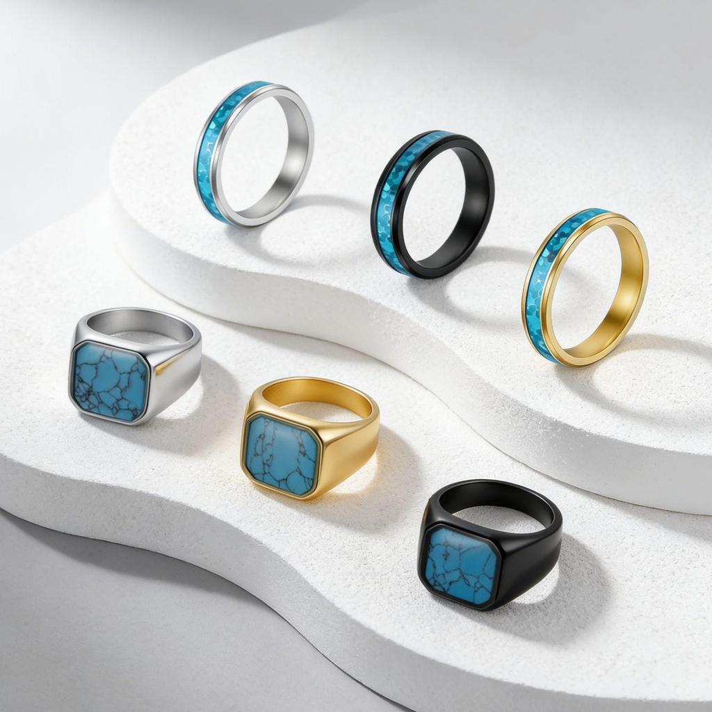 Cross-Border Stainless Steel Couple Wedding Rings with Turquoise, Opal & Seal Designs