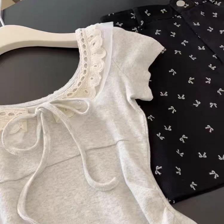 Japanese Patchwork Tie-Up Short Sleeve Tee - Women's Petite Slimming Cropped Top