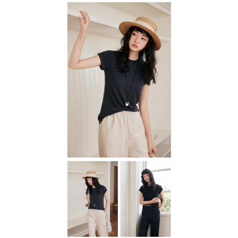 Top Estivo da Donna in Lana Tencel a Maniche Corte con Scollo Rotondo, Vestibilità Aderente, Manica Nuova, Colore Unito, Comodo