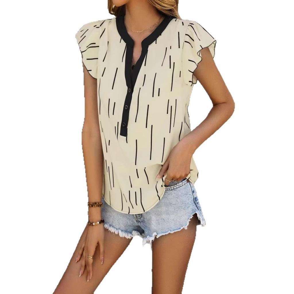 DAFIFY Damemote Uformelt sommer Vår Stripe Print Kortermede V-hals bluser og skjorter