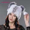 SOMALER Women's Genuine Mink Fur Hat with fox Fur Pom Poms Winter Autumn Lovely Cat Ear Style Caps