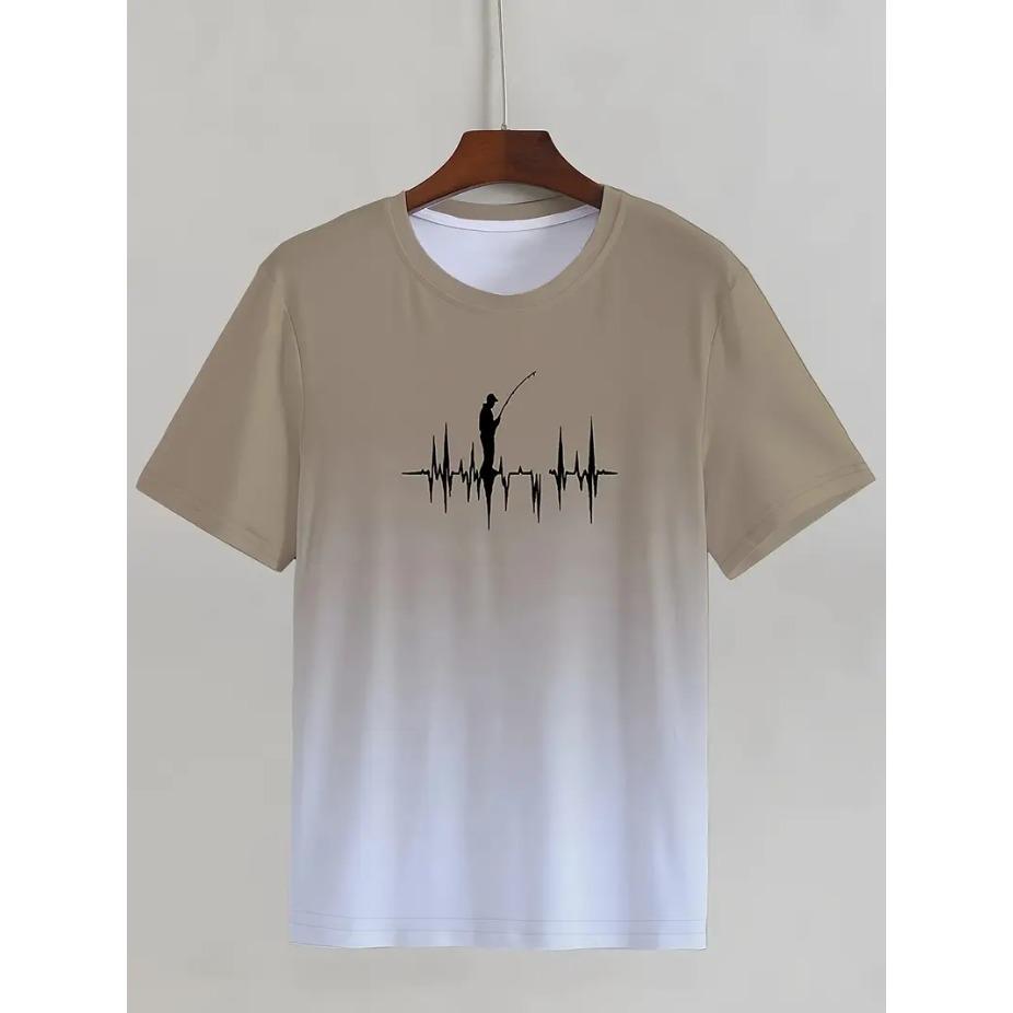 Fishing Print T-shirt, Men's Casual Street Style Stretch Round Neck Tee Shirt for Summer, Fishing Gear