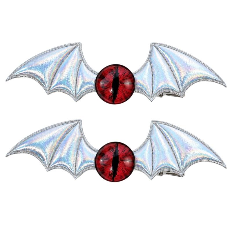 Gothic Hair Clip Set of 2 with Bat Wing Shape and Raised Red Eyeball Decors, Cosplay Barrettes for Theme Party, Stage Show and Party Photo