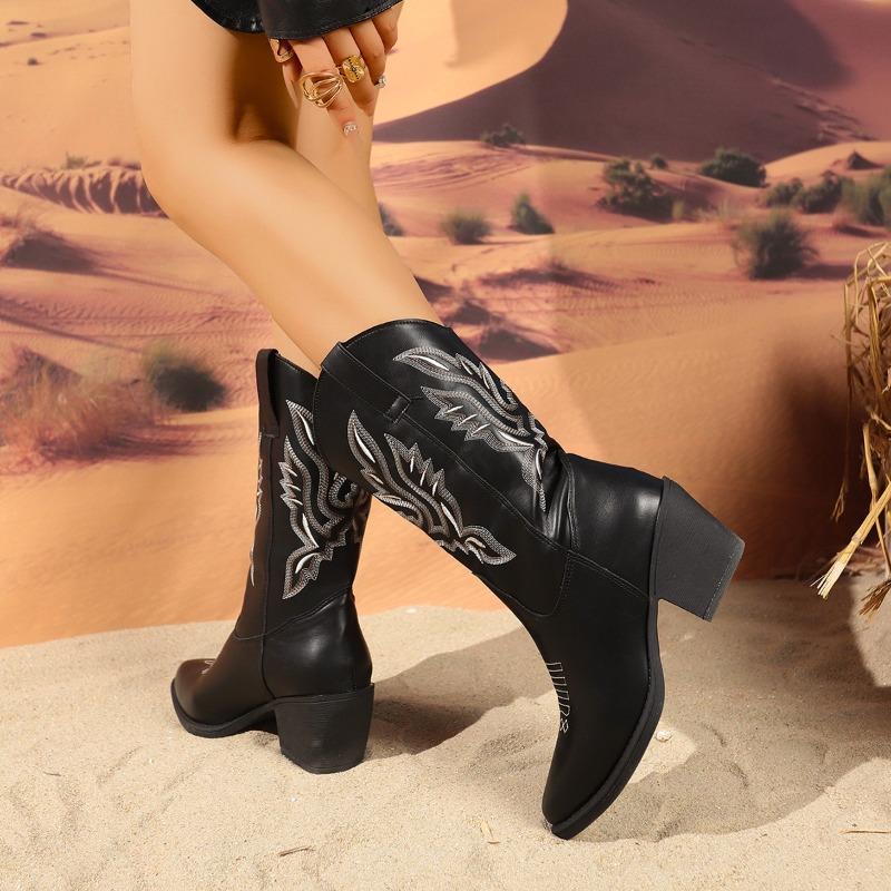 Fashion New Spring and Fall Fashionable Pointy Solid Color Women's Mid-calf Boots with Mid-heel Sleeves Embroidered Western Cowboy Boots