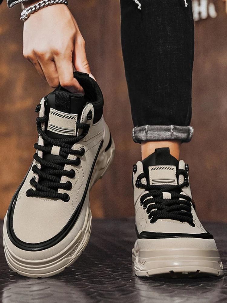 Height Increasing Sporty Men‘s Boots Spring Autumn Outdoor Casual Thick Sole High Top Durable British Vintage Youth Work Shoes