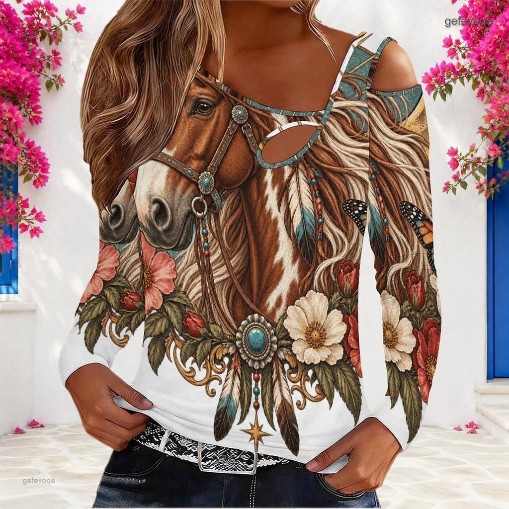 Women Plus Size Asymmetric Cutout Neck Cold Shoulder Long Sleeve Christmas Cowboy Boot Print Top