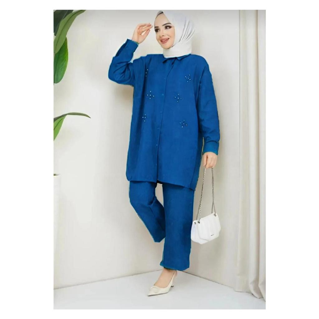 Women's Black Color Linen Shirt Collar Buttoned Bottom Top Set