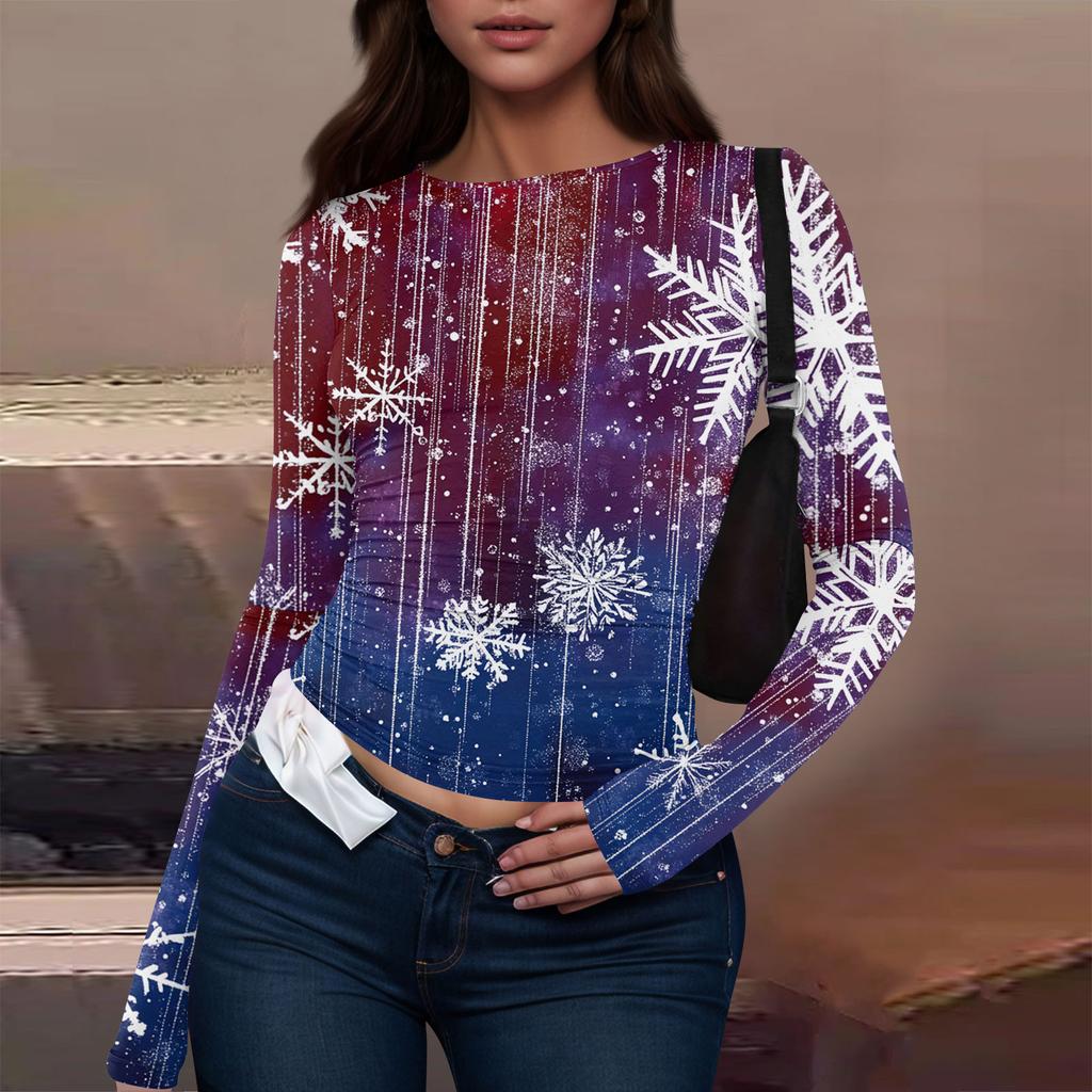 Mote Casual Dame Rund Hals Juleprint Langermet T-skjorte Topp