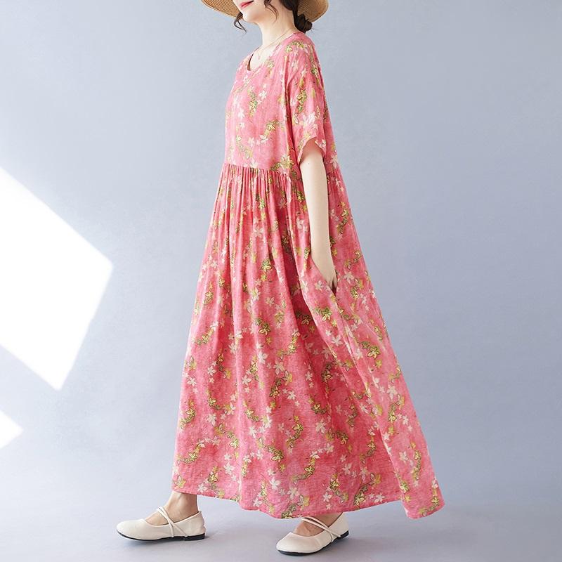 Krátký rukáv Velké bavlněné vintage květinové nové šaty pro ženy ležérní volné dlouhé letní šaty