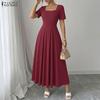 Women Elegant Square Collar Casual Short Sleeve Long Dress