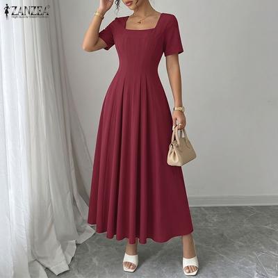 Abito Lungo Casual Elegante da Donna con Scollo Quadrato a Maniche Corte