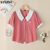 VONDA Women Lapel Short Sleeve Patchwork Striped Print Buttons Casual Blouse