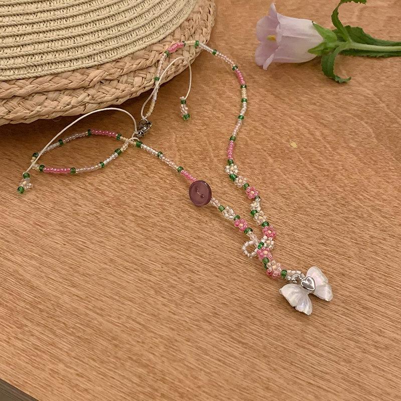 Boho Colorful Beaded Butterfly Necklace for Women Girls Handmade Sweet Imitation Pearl Chain Aesthetic Y2K Jewelry Accessories