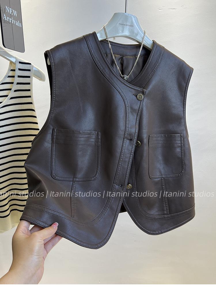 

Women s PU Leather Motorcycle Vest - Short Sleeveless Waistcoat, 2025 Autumn Korean Style Outerwear M