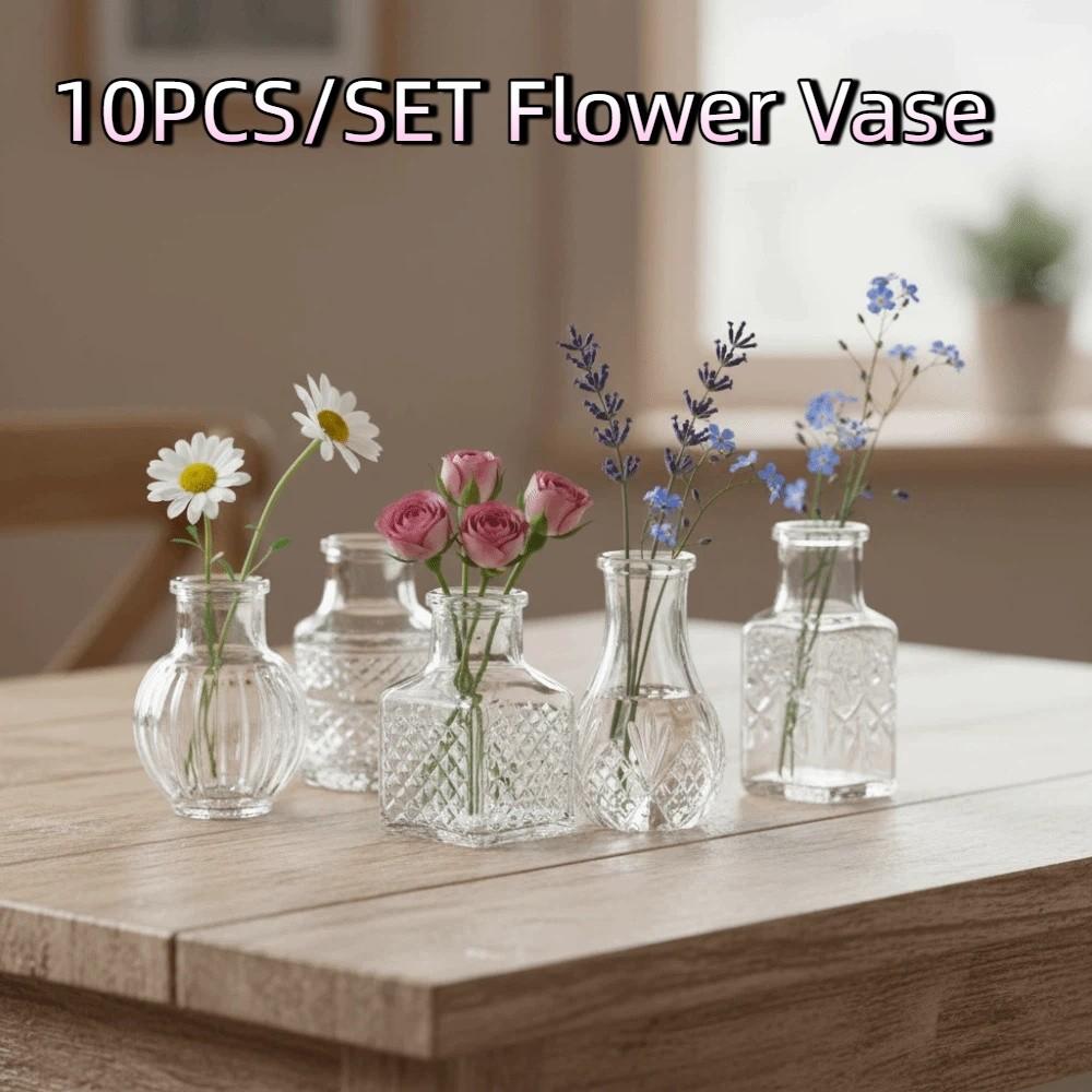 10PCS/SET Retro Relief Mini Glass Vase Crystal Clear Flower Vase Small Vase Set  Desktop Ornament