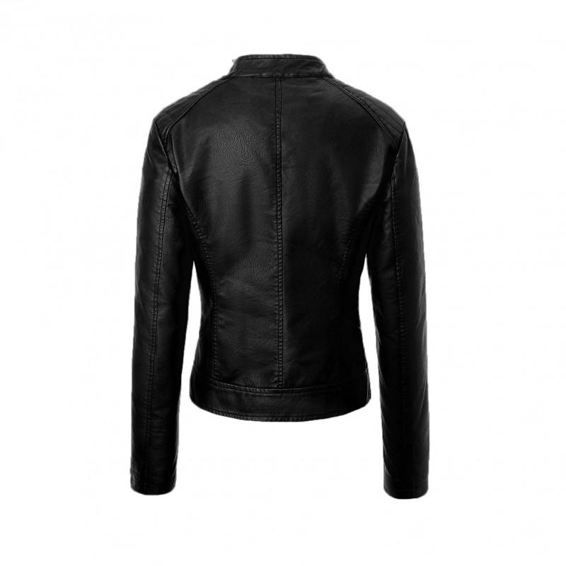 Womens PU Leather Biker Jacket With Stand Collar Slim Fit Zipper Front Casual Streetwear Coat