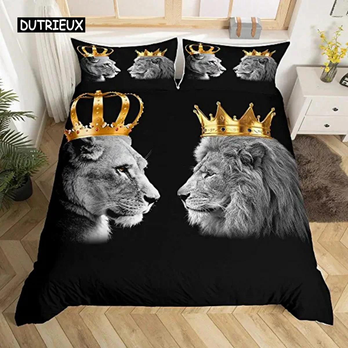 

Wild Lion Couple Duvet Cover King Size Gold King Queen Comforter Cover Tropical African Animal Bedding Set Valentine s Day EU Twin(135x200cm)