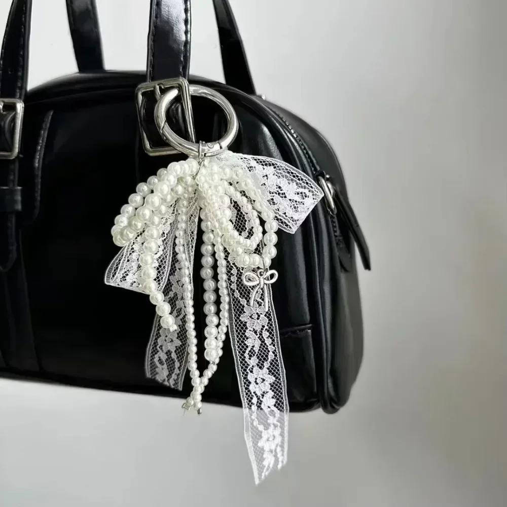 Korean Cute Lace Bow Pearl Beaded Phone Pendant Chain Accessories Aesthetic Ballet Shoes Camera Bag Decoration Keychain Gift