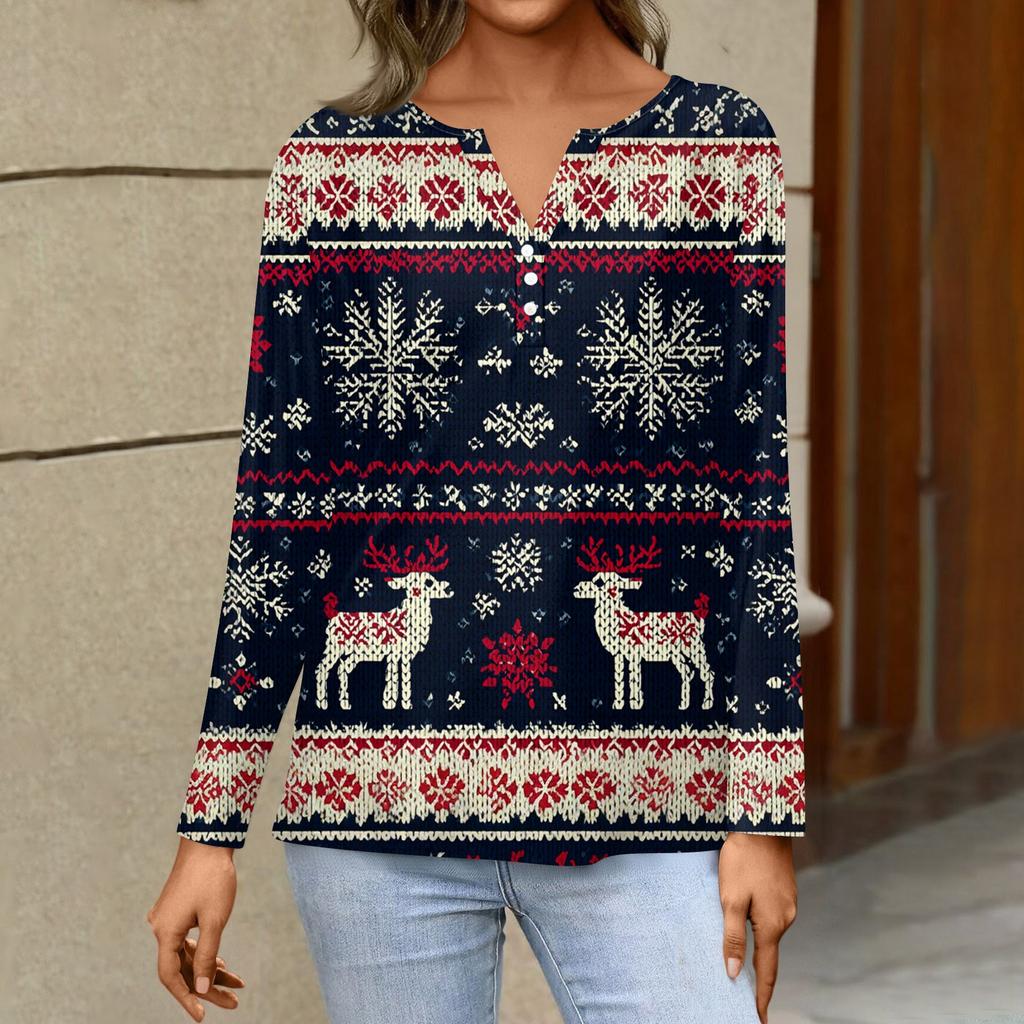 Women's Fashion Casual H Printed V-Neck Long Sleeve Decorative Button T-Shirt Tops