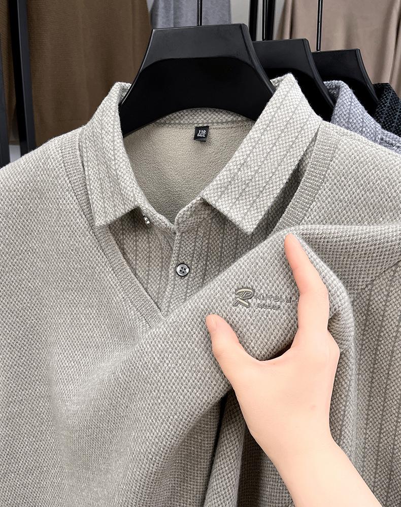 Men s Striped Knit Shirt: Plush-Lined, Faux Layered, Long-Sleeve, Lapel-Style for Autumn/Winter Warmth 190/4XL for 185—200 jin