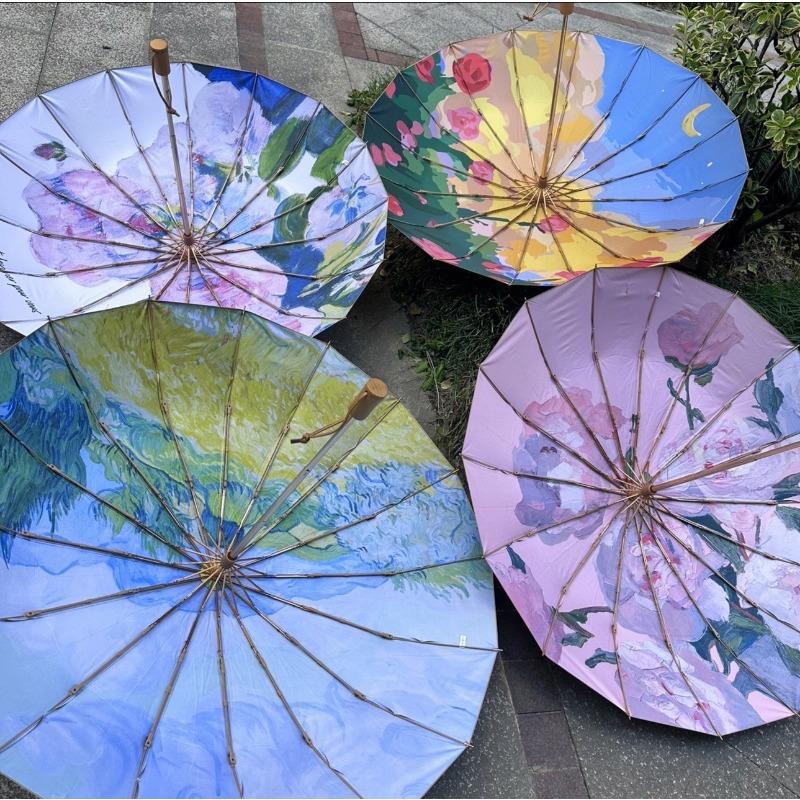 New creative three-fold 16-bone titanium hand-opened umbrella retro solid wood handle parasol sun umbrella
