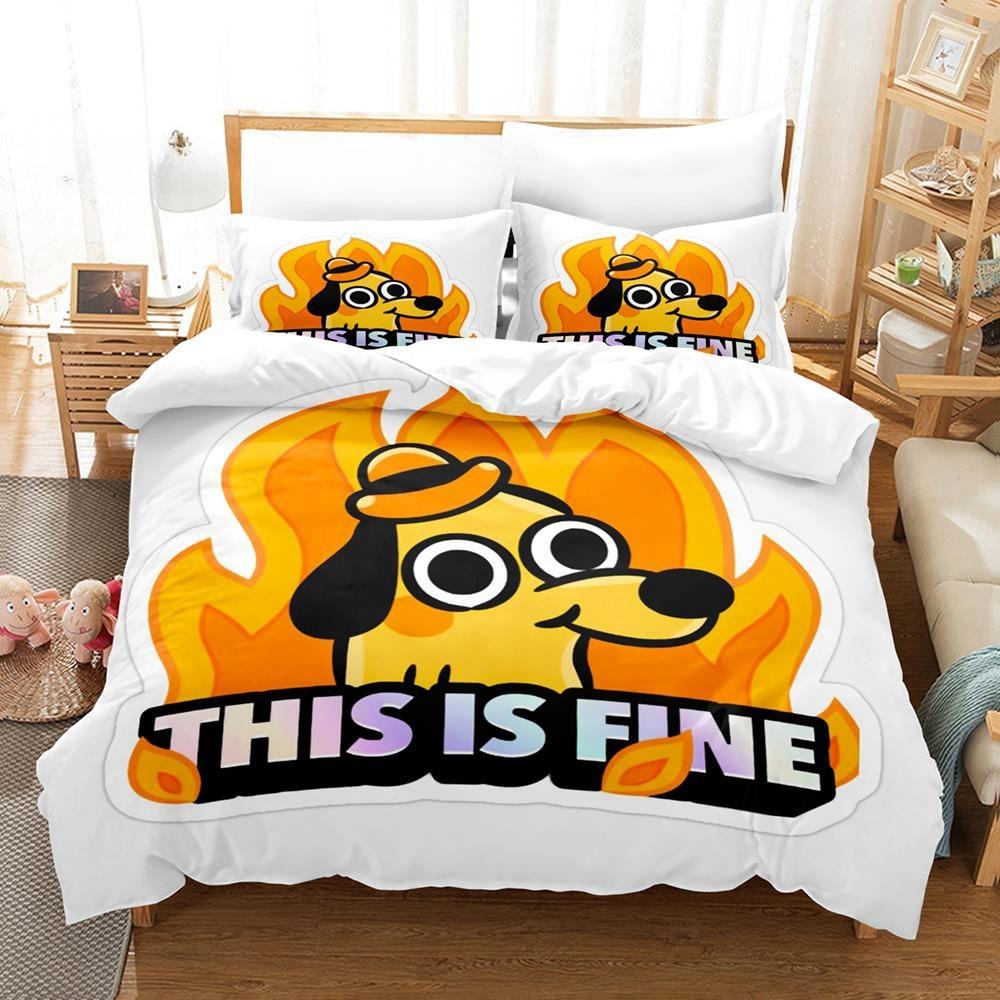 3D Anime Bed Sheet Sets This Is Fine Dog Bedding Set Single Twin Full Queen King Size Bed Set Adult Kid Bedroom Duvet Cover Sets