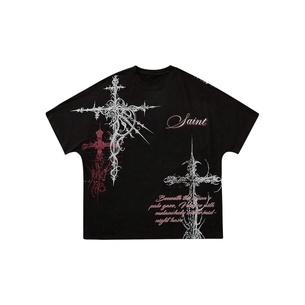 Men's "Saint" Angel & Cross Graphic Tee, Gothic Streetwear Oversized T-Shirt with Front & Back Print