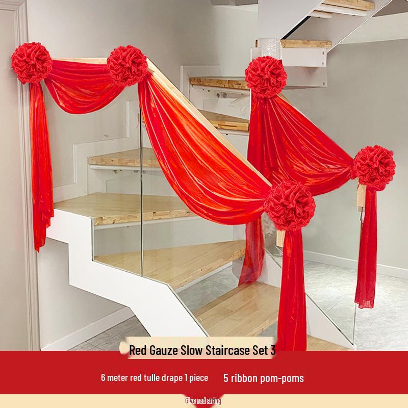 Romantic Wedding Staircase Handrail Decoration Set with Tulle, Balloons, and Pull Flowers