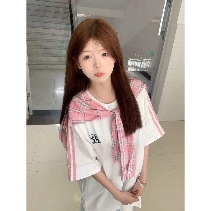 

Клетчатая хлопковая женская футболка с коротким рукавом в стиле колледжа – Свободный милый прохладный топ на весну/лето. L белый